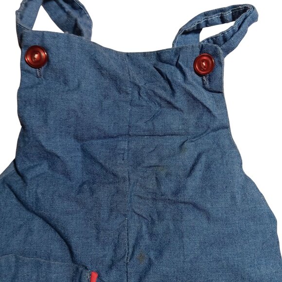Vintage Blue Denim Baby Overalls 12M Red Buttons & Sailboat Pocket Embroidery - Picture 3 of 6